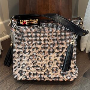 Handbag Express,leopard rhinestone studded,zip top,removable strap,tassels,hobo